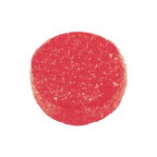 Close-up of a single round, sugar-dusted red Homestead Resin Gummy in cherry flavor.