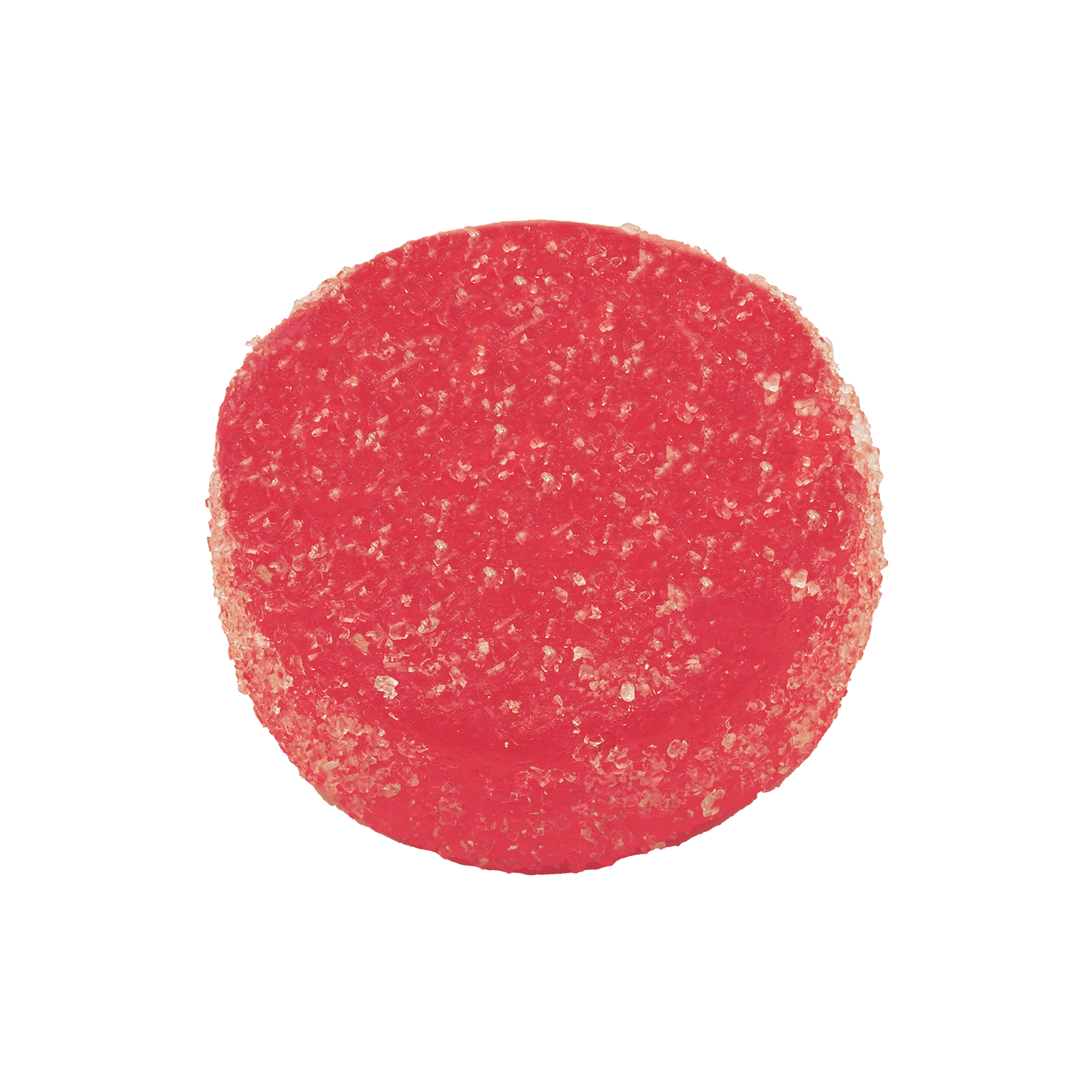 Close-up of a single round, sugar-dusted red Homestead Resin Gummy in cherry flavor.