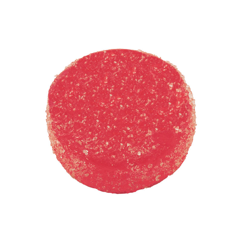 Close-up of a single round, sugar-dusted red Homestead Resin Gummy in cherry flavor.