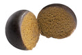 Two rounded pieces of pressed hash sliced open, showing a dark outer layer and granular olive-brown interior.