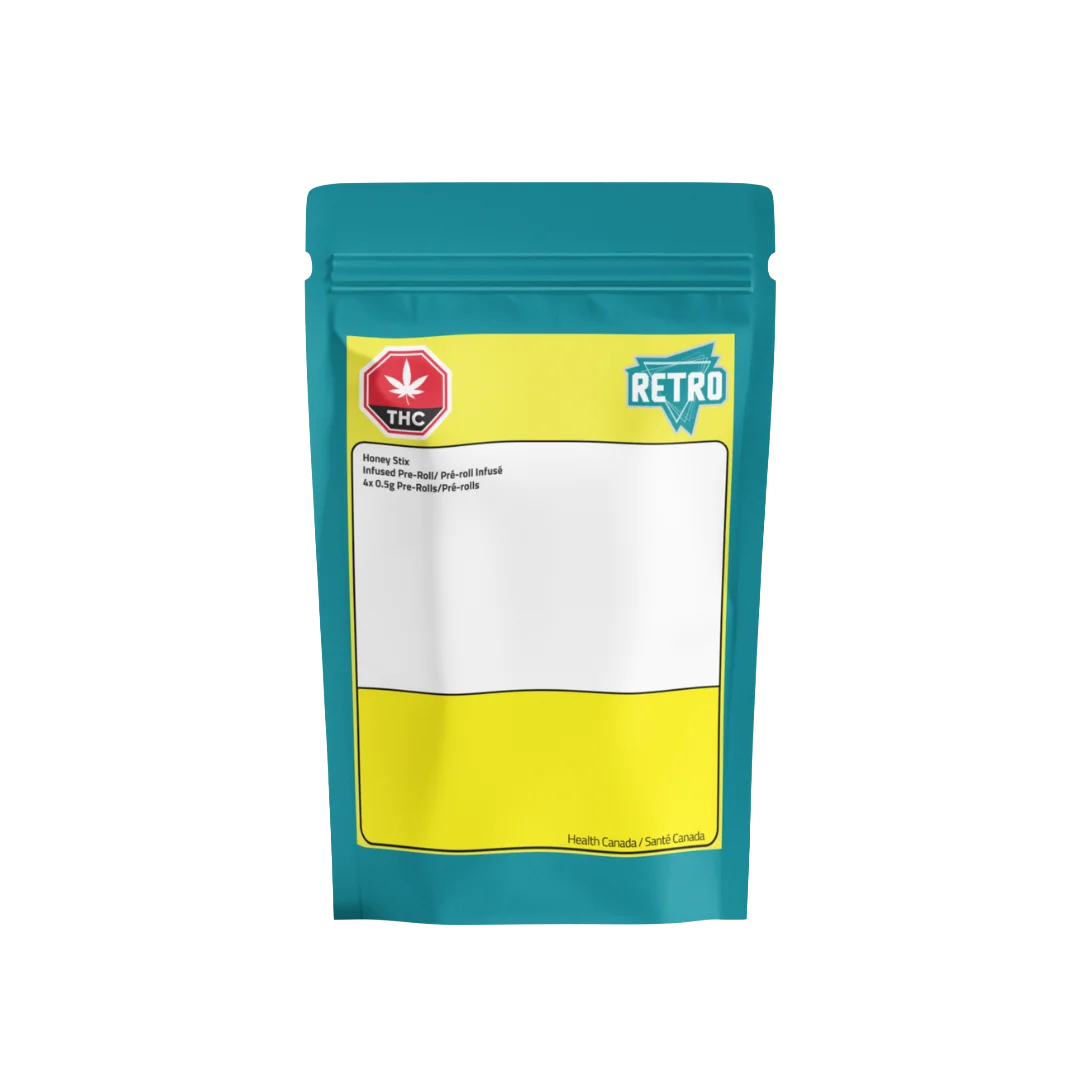 Teal and yellow stand-up pouch labeled Honey Stix Infused Pre-Roll with RETRO logo and THC symbol.