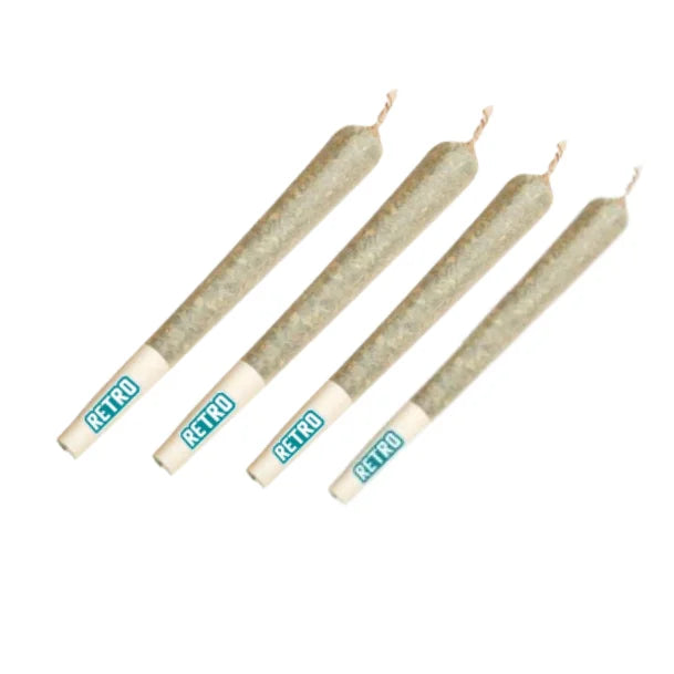Four thin pre-rolled joints with white RETRO-branded filter tips arranged diagonally on a white background.