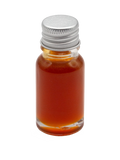 Small glass bottle with a silver screw cap containing amber-red Hot Honey infused oil.
