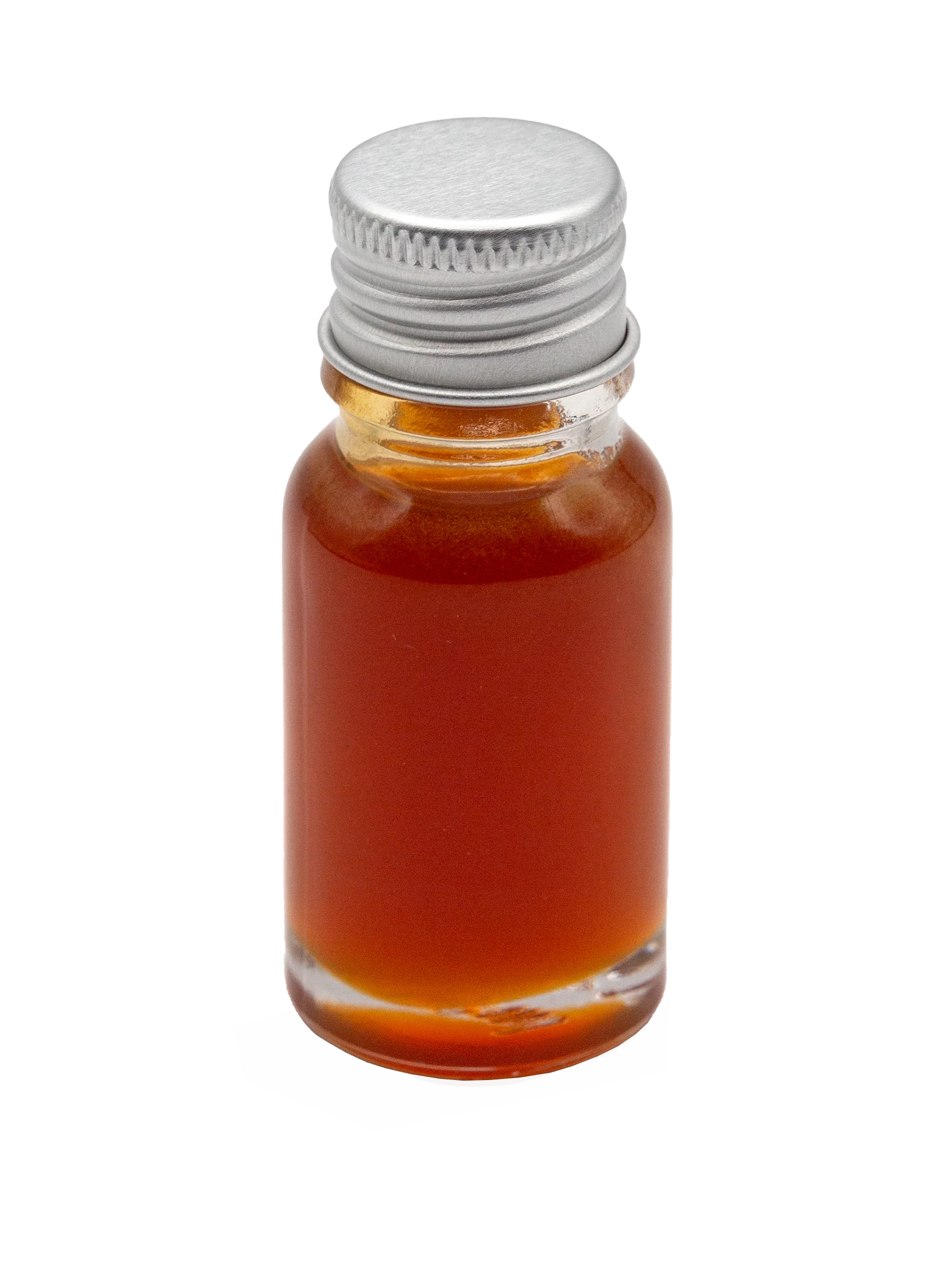 Small glass bottle with a silver screw cap containing amber-red Hot Honey infused oil.