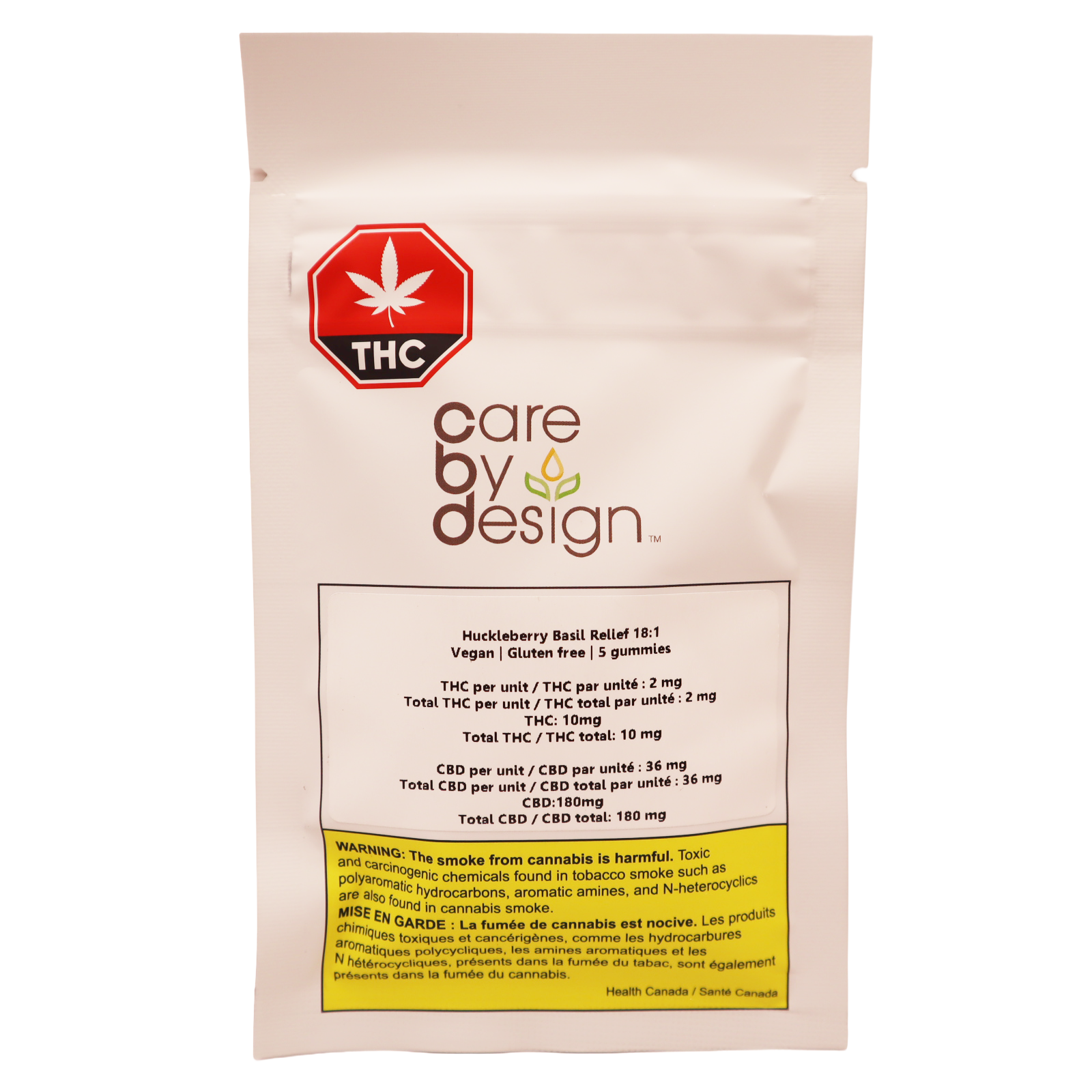 White Care by Design pouch for Huckleberry Basil Relief 18:1 gummies listing THC and CBD content and a cannabis smoke warning label.