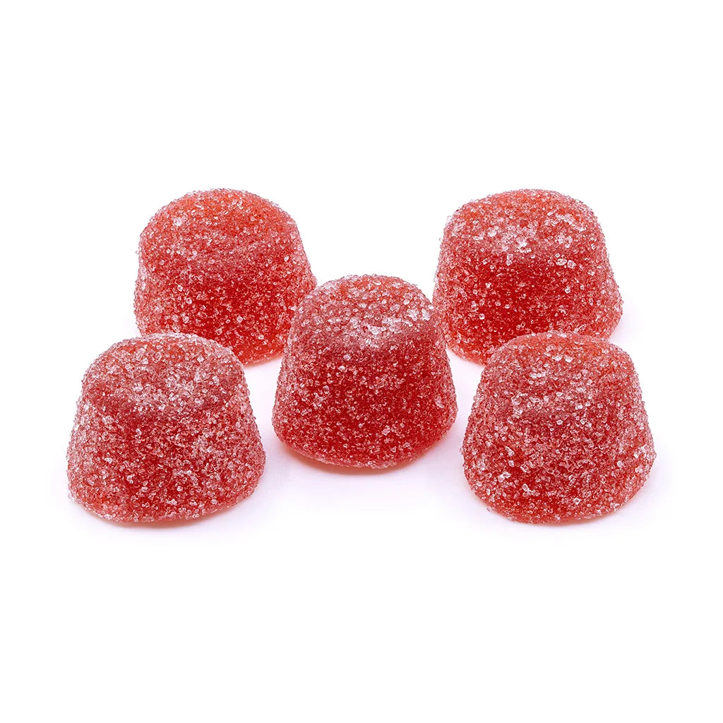 Five sugar-coated red gummy pieces arranged in a small cluster on a white background.