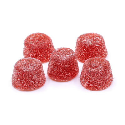 Five sugar-coated red gummy pieces arranged in a small cluster on a white background.