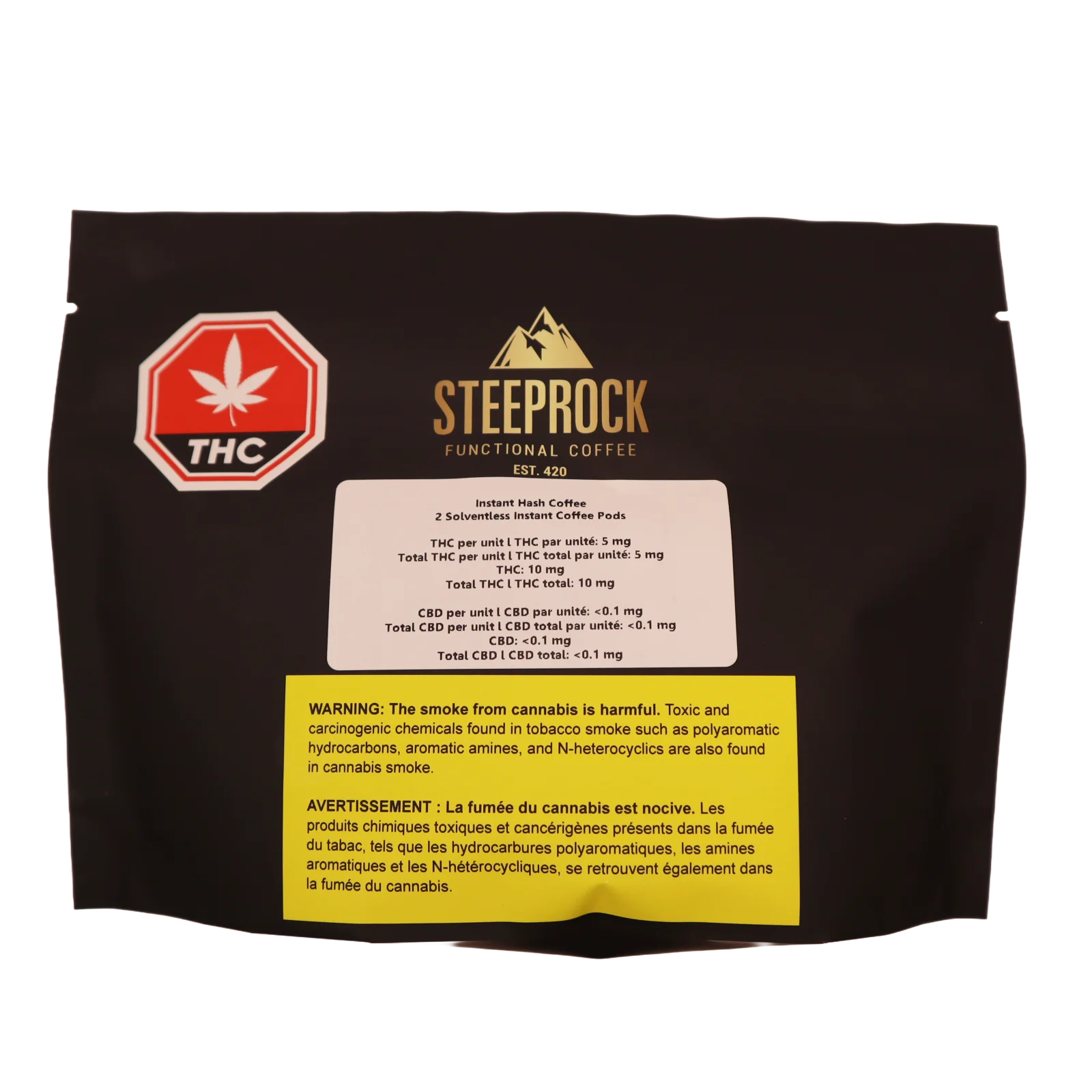 Back of the Steeprock Instant Hash Coffee bag listing THC and CBD content per pod and the cannabis smoke health warning.