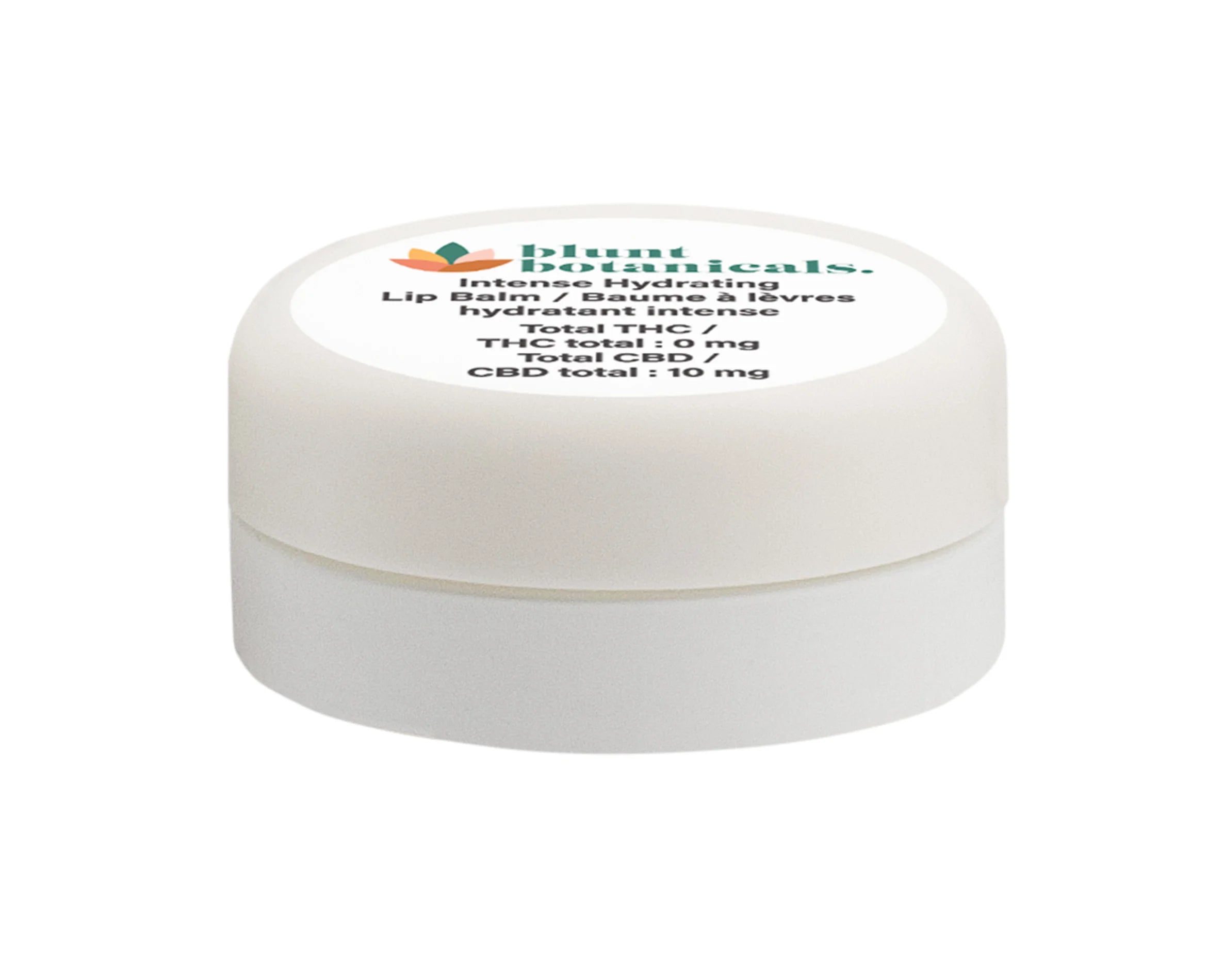 Close-up of the round white tin for Intense Hydrating Lip Balm, showing the Blunt Botanicals logo and THC/CBD content printed on the lid.