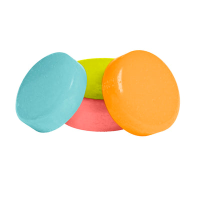 Close-up of stacked teal, orange, yellow-green, and pink gummy candies for Sugar Free 1:1 Tropical Fruit Gems
