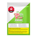 Front of the white and green Olli StikiStix Sour pouch labeled Sunny Watermelon Lemonade with 10 THCV, 10 CBC, and 10 THC.