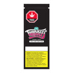 Black pouch of Twiddles Cherry Taffy labeled 10 mg each of THC, CBD, CBN and CBG, with a red THC warning symbol.