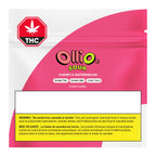 Front of the pink OlliOs Sour Cherry & Watermelon packaging bag, showing the THC warning symbol, 4-unit count, and a bilingual cannabis smoke warning label.