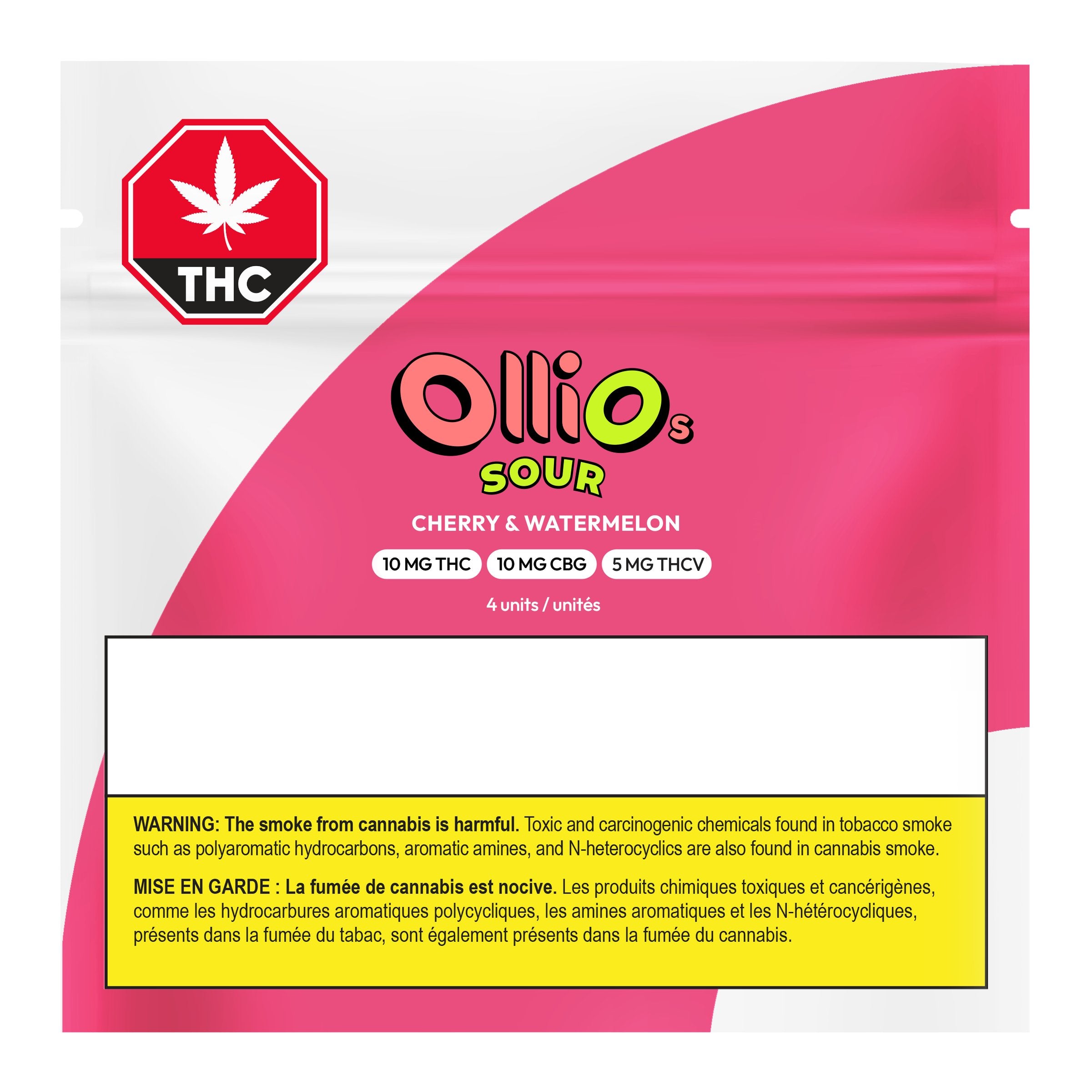 Front of the pink OlliOs Sour Cherry & Watermelon packaging bag, showing the THC warning symbol, 4-unit count, and a bilingual cannabis smoke warning label.