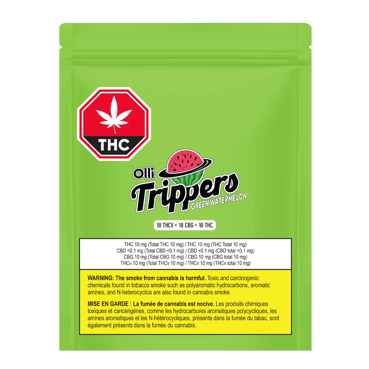 Front of the green Olli Trippers Green Watermelon package featuring a watermelon-slice logo, THC symbol, and cannabinoid content of 10 mg each of THCV, CBG, and THC.