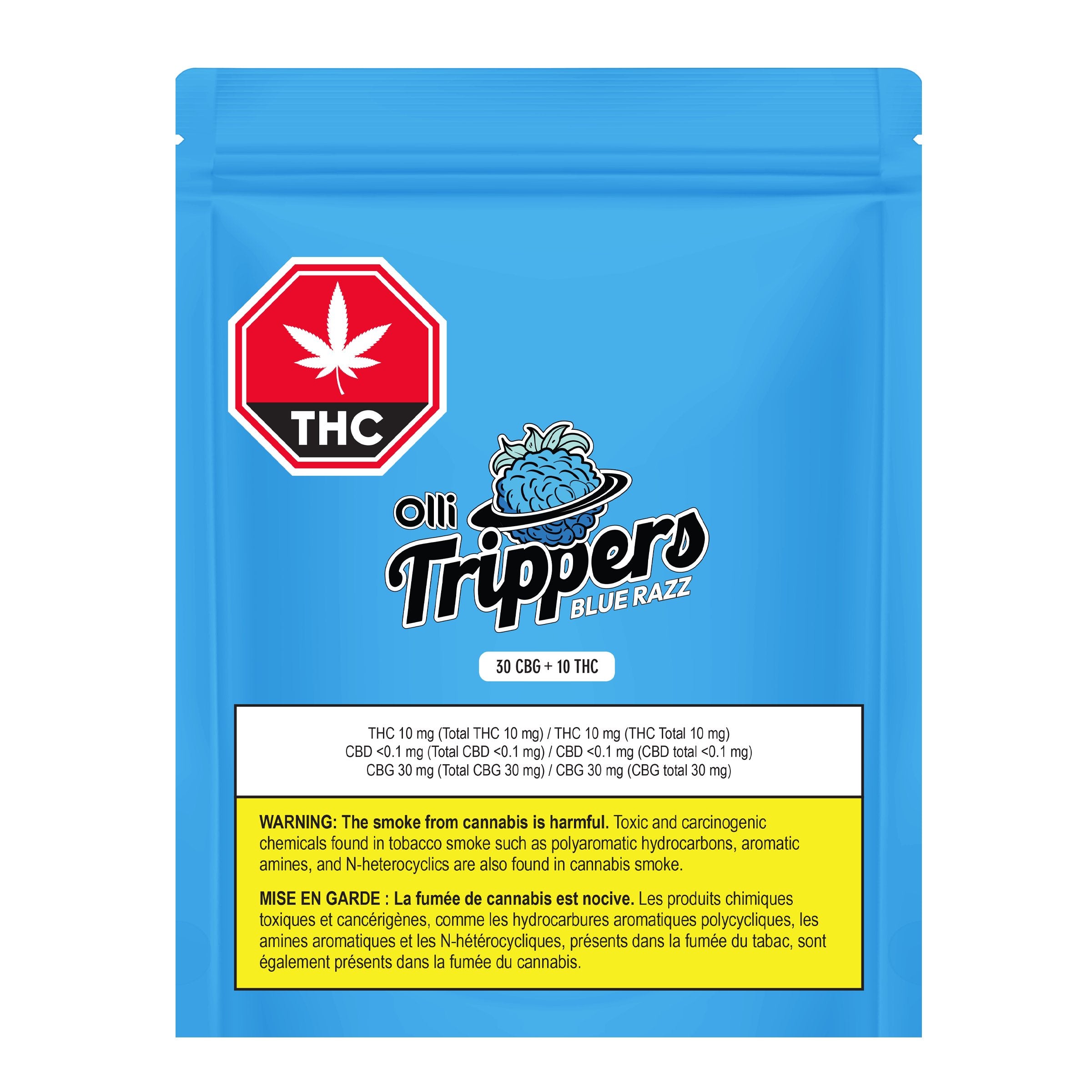 Front of the Olli Trippers Blue Razz 30:10 CBG/THC pouch, blue packaging with a blue raspberry logo and potency panel.