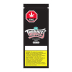 Front of the black Olli Twiddles pouch labeled Strawberry Taffy, 30 CBG plus 10 THC, with a THC warning symbol.