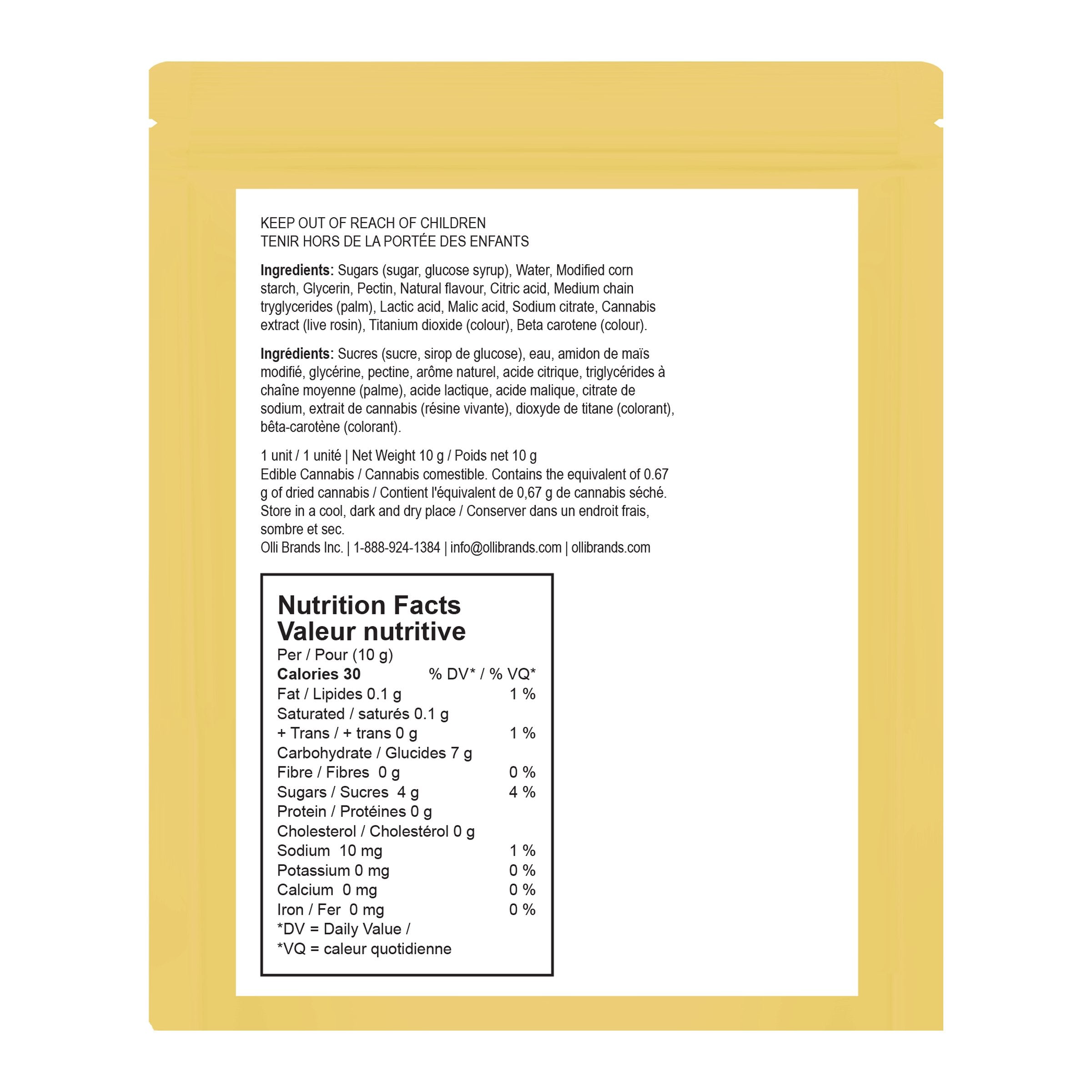 Back of a yellow Olli StikiStix Live Rosin candy stick pouch showing the ingredient list and nutrition facts panel.