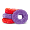 Sugar-coated gummy rings for OlliOs Sour Grape & Strawberry in red and purple, stacked together.