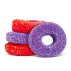 Sugar-coated gummy rings for OlliOs Sour Grape & Strawberry in red and purple, stacked together.