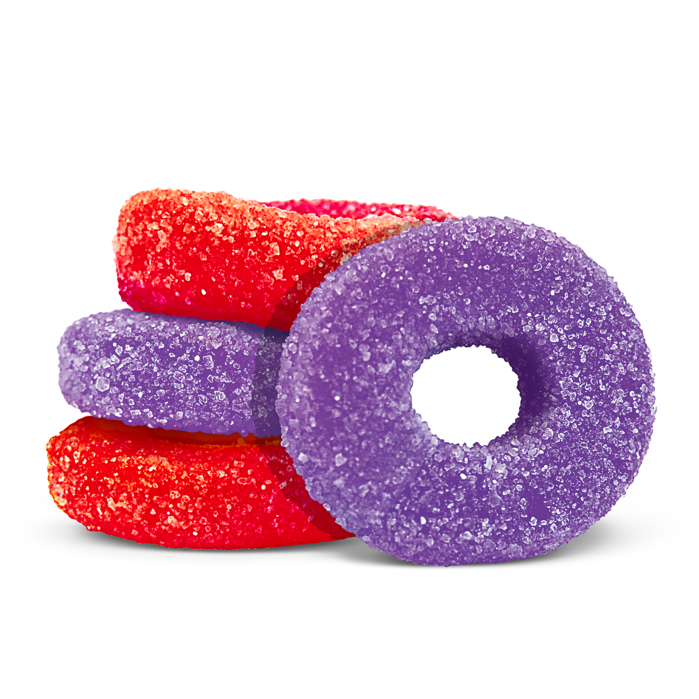 Sugar-coated gummy rings for OlliOs Sour Grape & Strawberry in red and purple, stacked together.