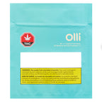 Back of turquoise Olli packaging for SF 1:1 Tropical Fruit Gems showing the THC symbol and Health Canada smoking warning