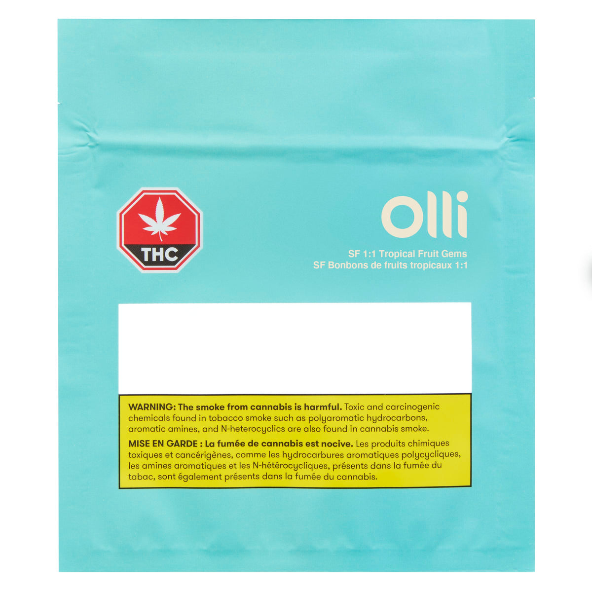 Back of turquoise Olli packaging for SF 1:1 Tropical Fruit Gems showing the THC symbol and Health Canada smoking warning
