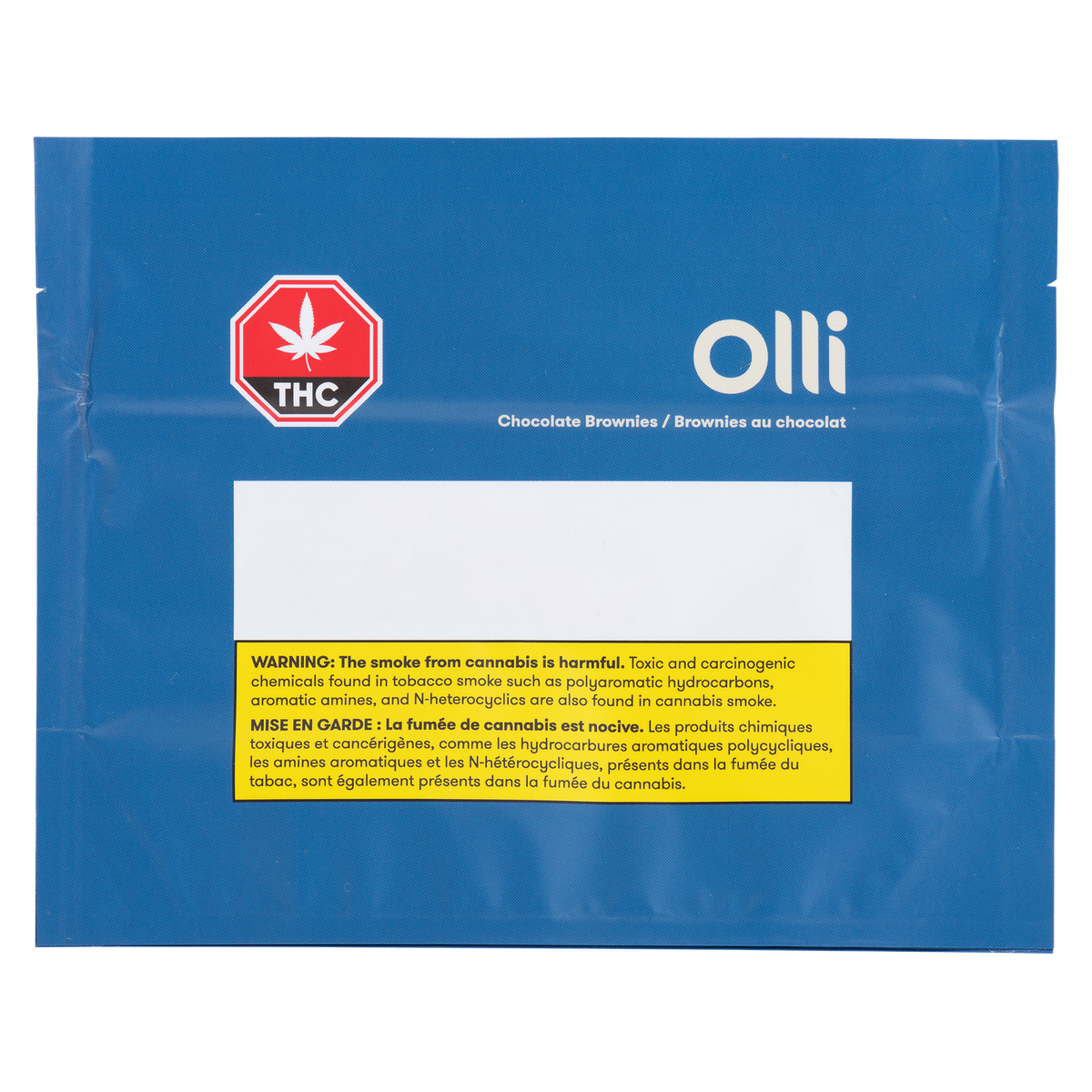 Front of blue Olli Chocolate Brownies package with the THC symbol and a cannabis smoke warning label
