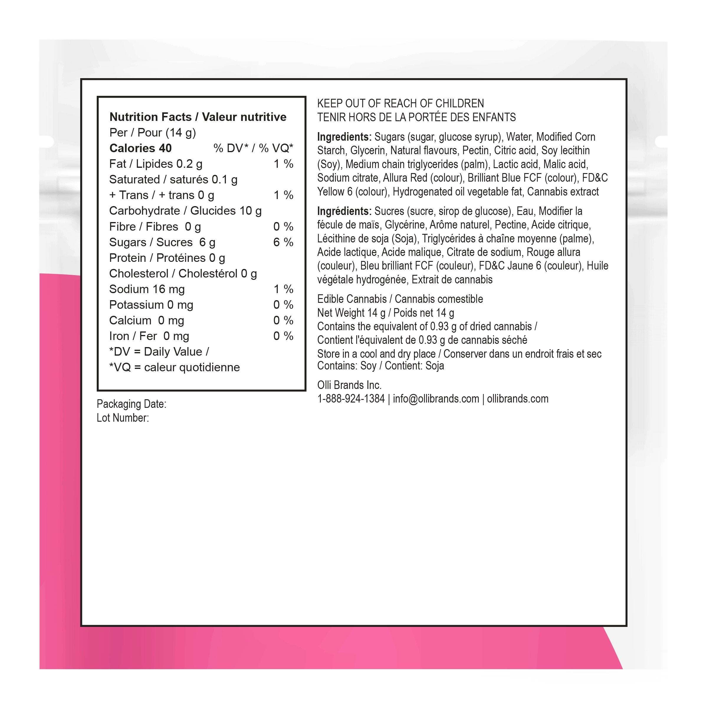 Bilingual nutrition facts and ingredient list panel on the back of the Olli Brands packaging, with a pink accent stripe along the bottom edge.