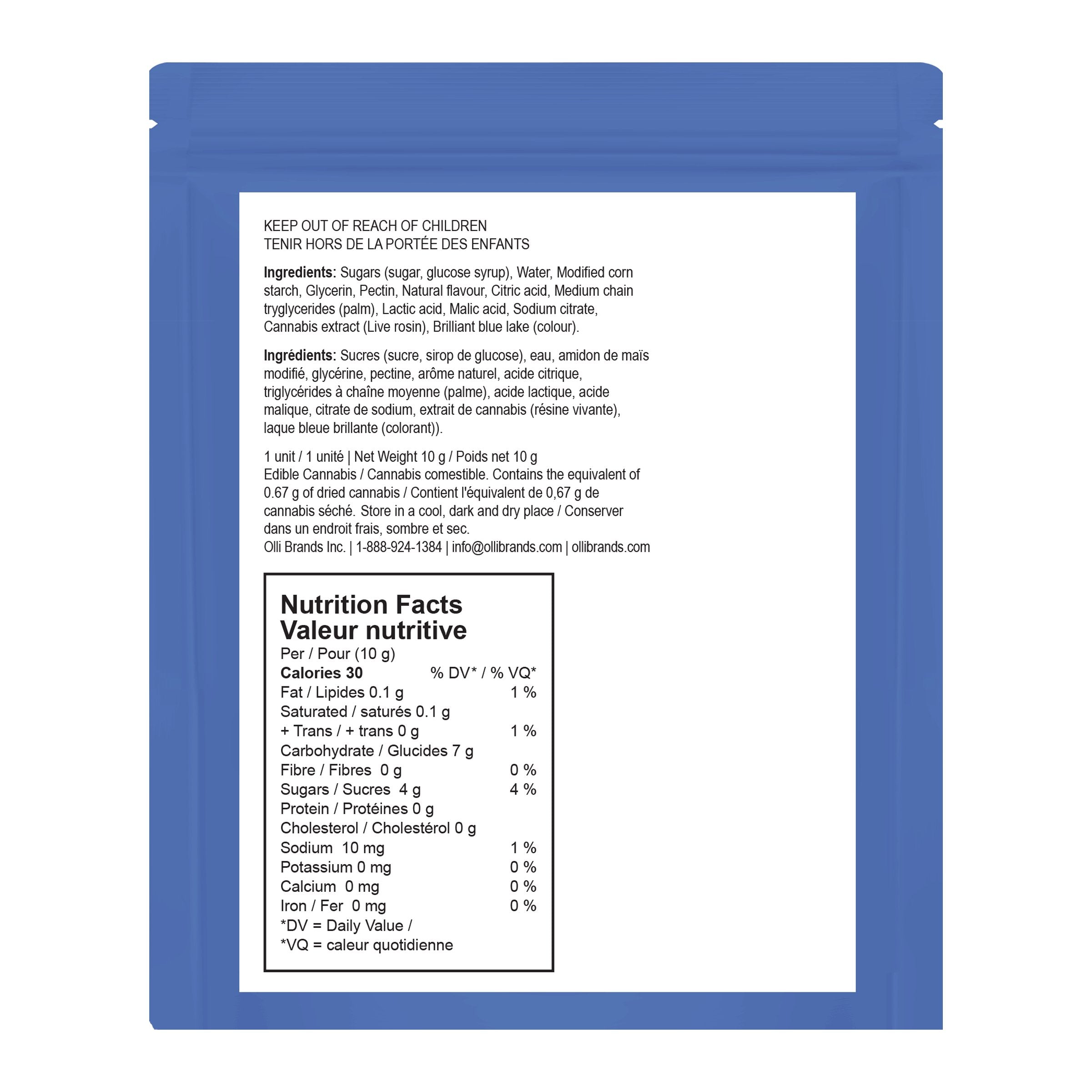 Back of the Olli StikiStix Live Rosin Sour Blueberry Blue Dream pouch, showing the ingredients list and Nutrition Facts panel.