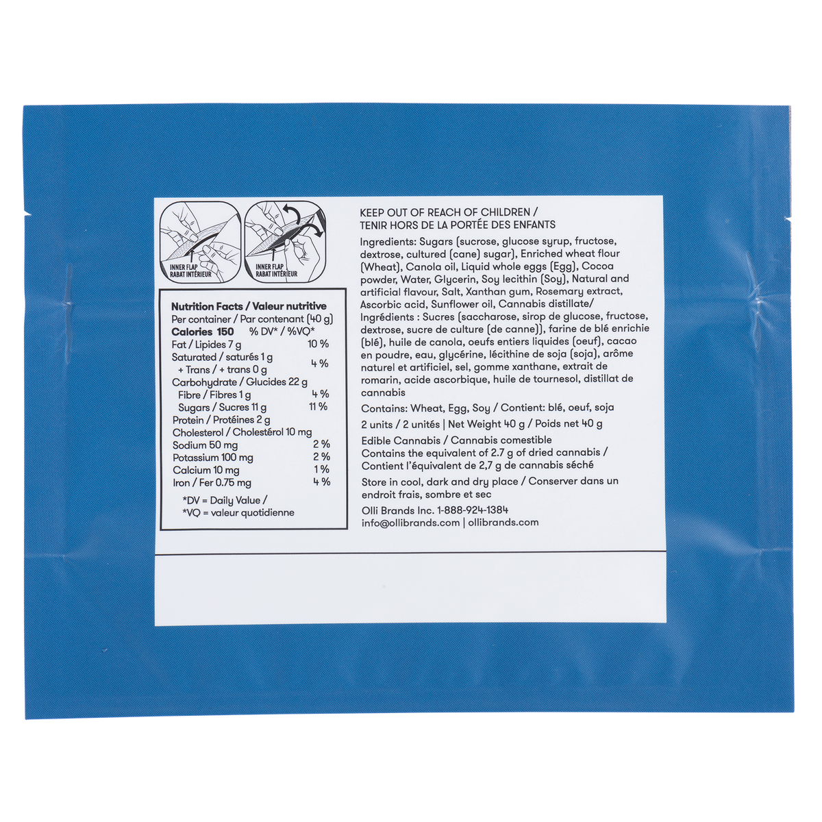 Back of blue Olli Chocolate Brownies packaging showing the ingredient list, nutrition facts panel, and package-opening instructions