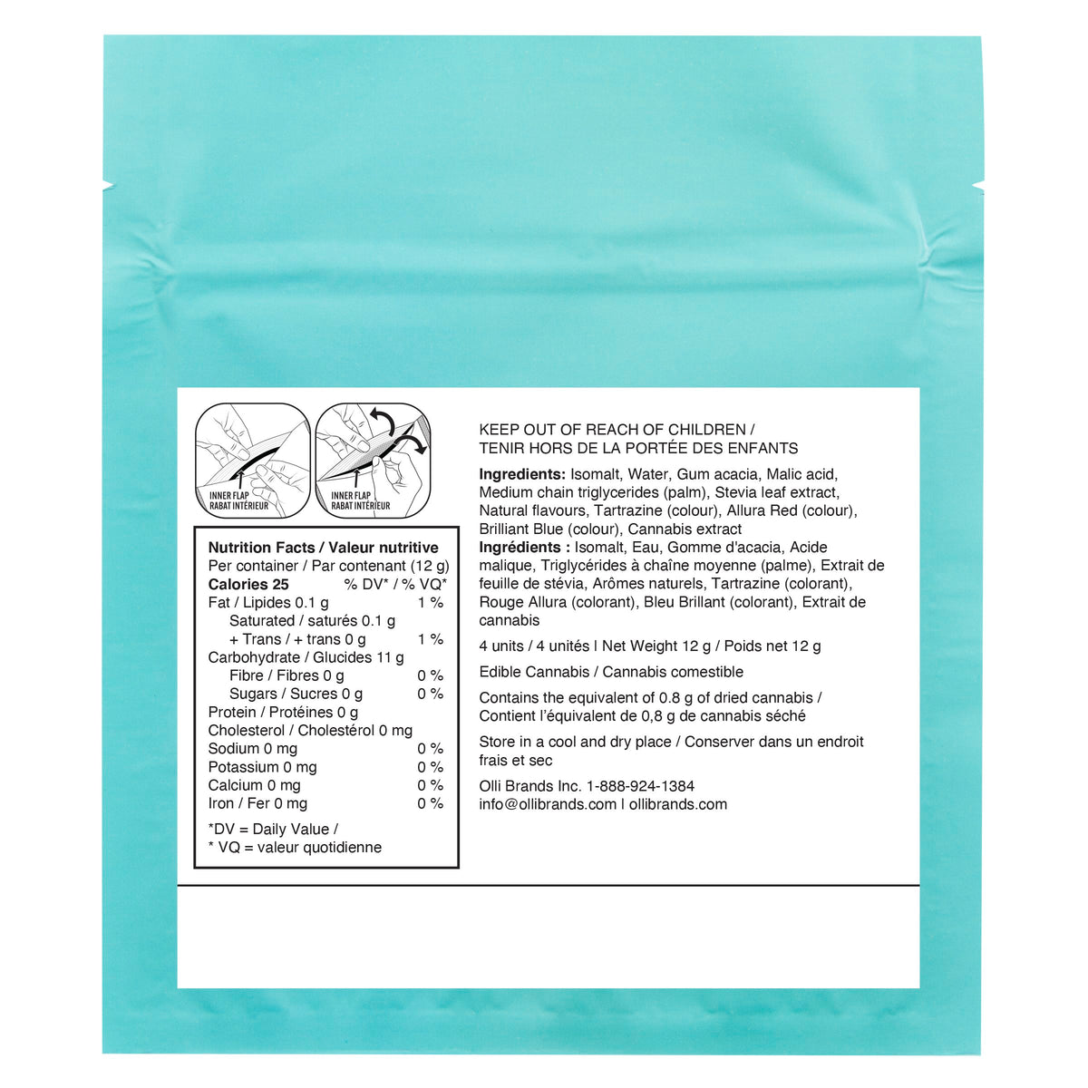 Nutrition facts and ingredient label on turquoise Olli packaging for Sugar Free 1:1 Tropical Fruit Gems