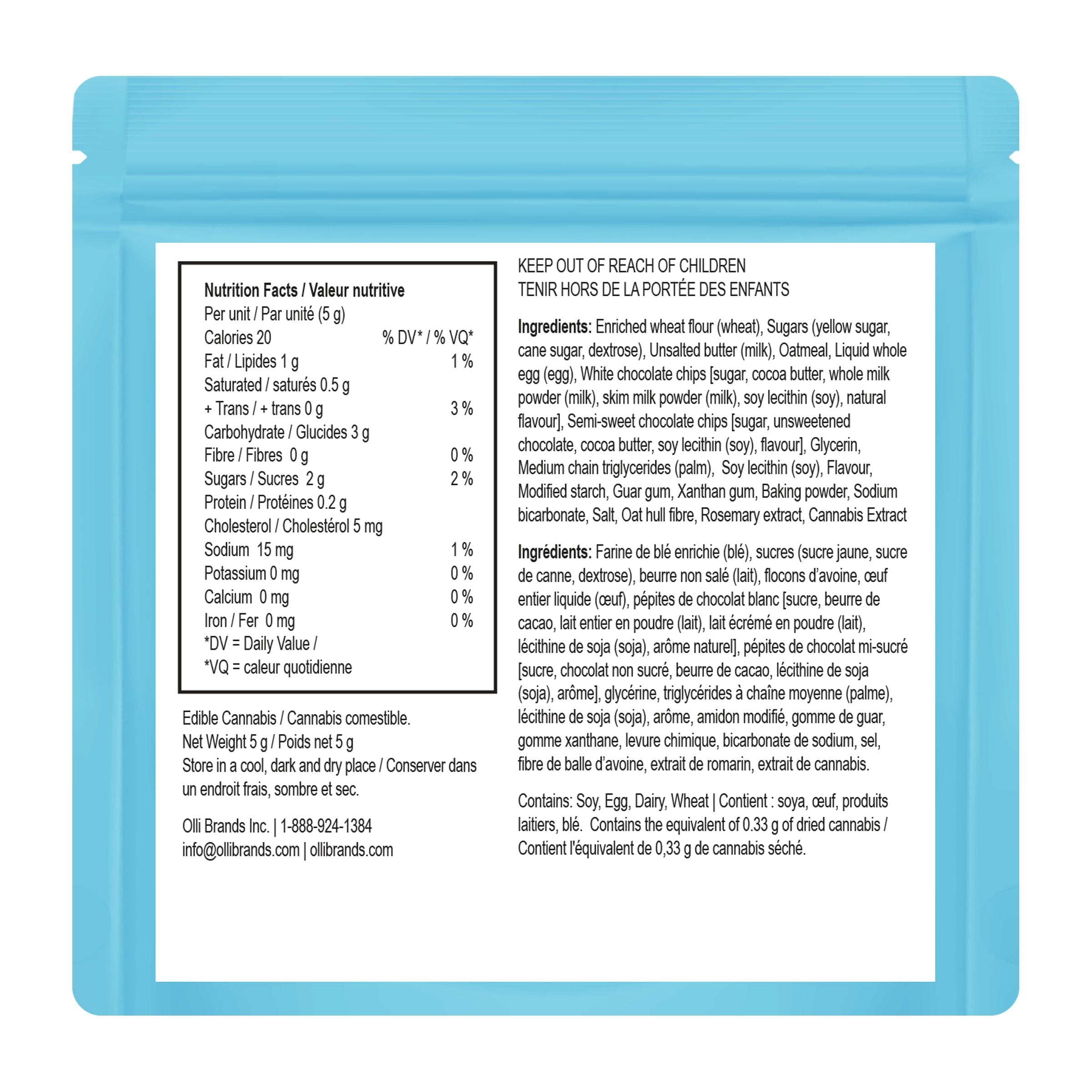 Back of the Olli Baked Mini cookie package listing nutrition facts, ingredients, and allergen information for the oatmeal chocolate chip cookies.
