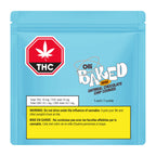 Light blue Olli Baked Mini package for Oatmeal Chocolate Chip Cookies, showing the THC symbol, potency information, and a cannabis impairment warning.