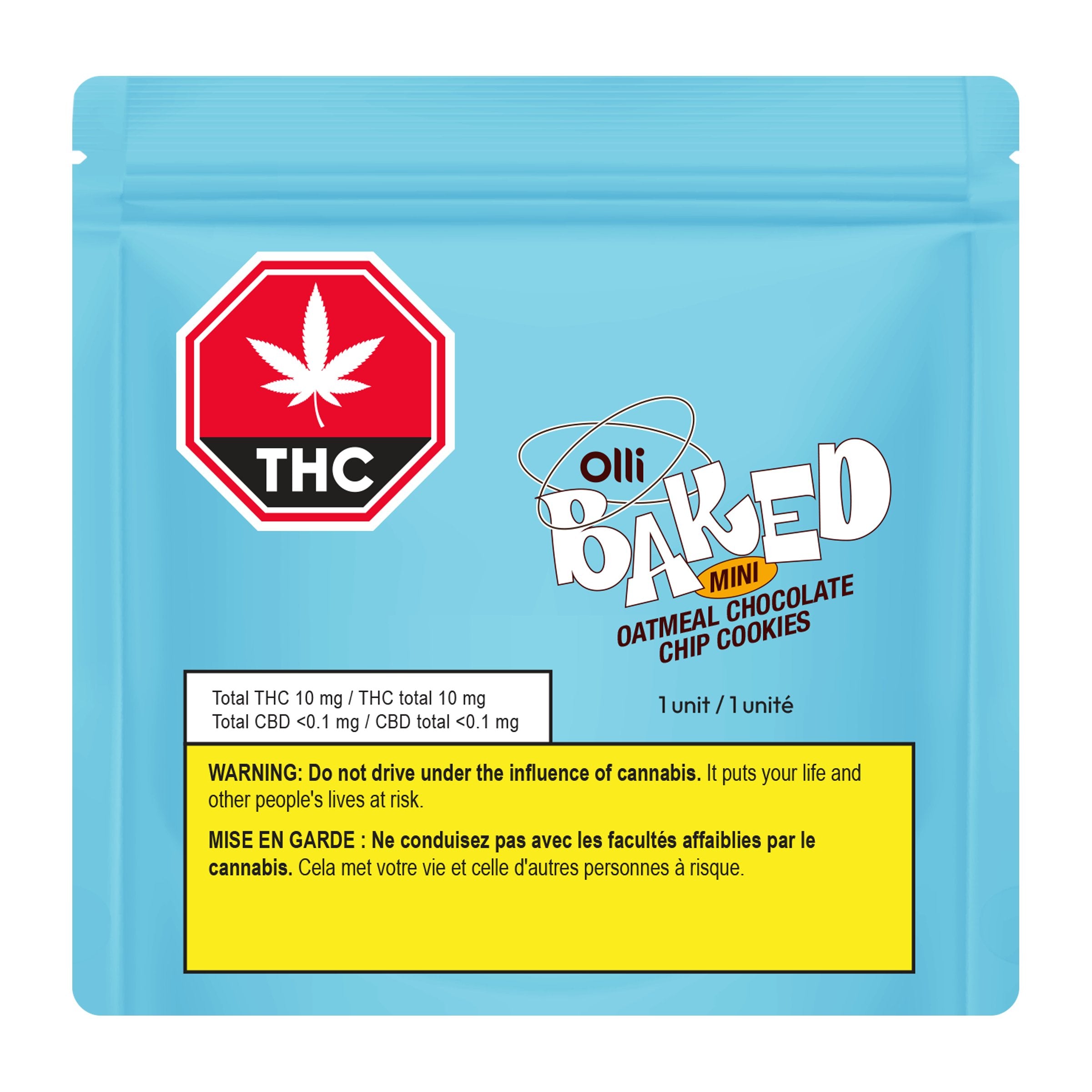 Light blue Olli Baked Mini package for Oatmeal Chocolate Chip Cookies, showing the THC symbol, potency information, and a cannabis impairment warning.