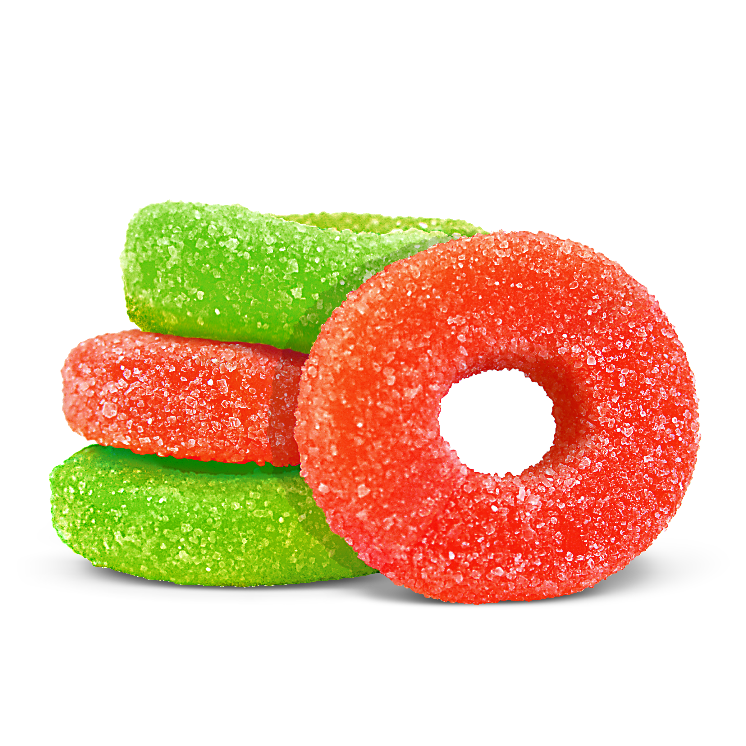 Sugar-coated red and green ring-shaped gummies stacked together on a black background.