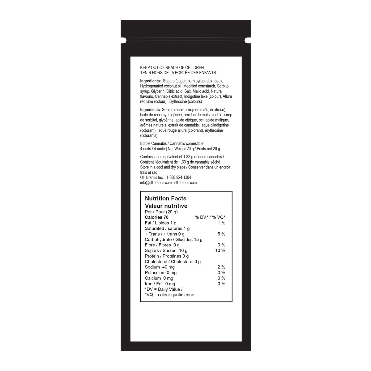 Back of the black Twiddles Cherry Taffy pouch showing the ingredient list and nutrition facts table.