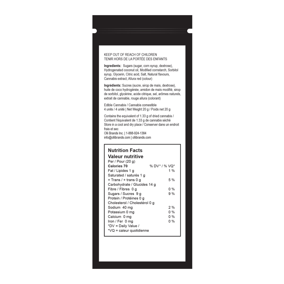 Back of the black Strawberry Taffy pouch showing the ingredient list and nutrition facts panel.
