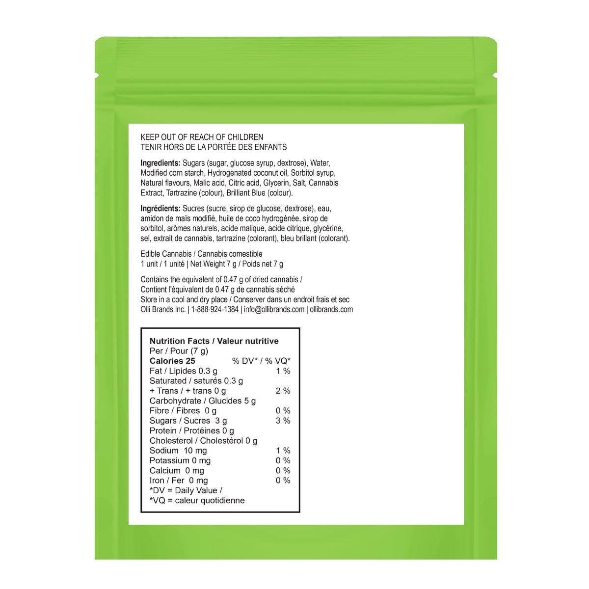 Back of the green Olli Trippers Green Watermelon candy package showing the ingredient list and nutrition facts panel.
