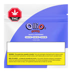 Purple front packaging for OlliOs Sour Grape & Strawberry gummies, listing 4 units with 10 mg each of THC, CBC, and CBD.
