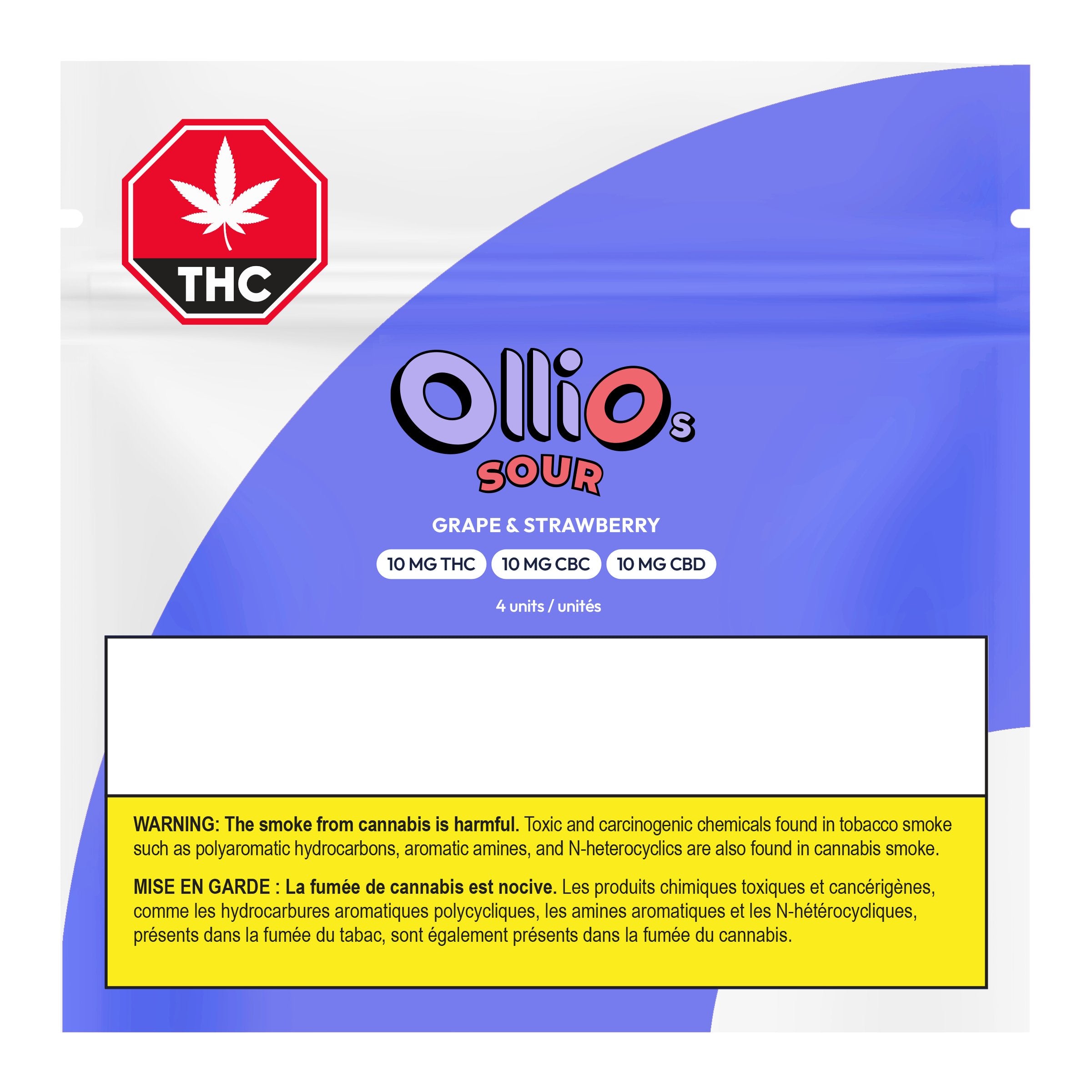 Purple front packaging for OlliOs Sour Grape & Strawberry gummies, listing 4 units with 10 mg each of THC, CBC, and CBD.