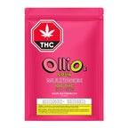 Bright pink pouch of OlliOs Sour Multipack sour watermelon gummies, 100 mg THC and 100 mg CBG, 10 units, with a red THC warning symbol.