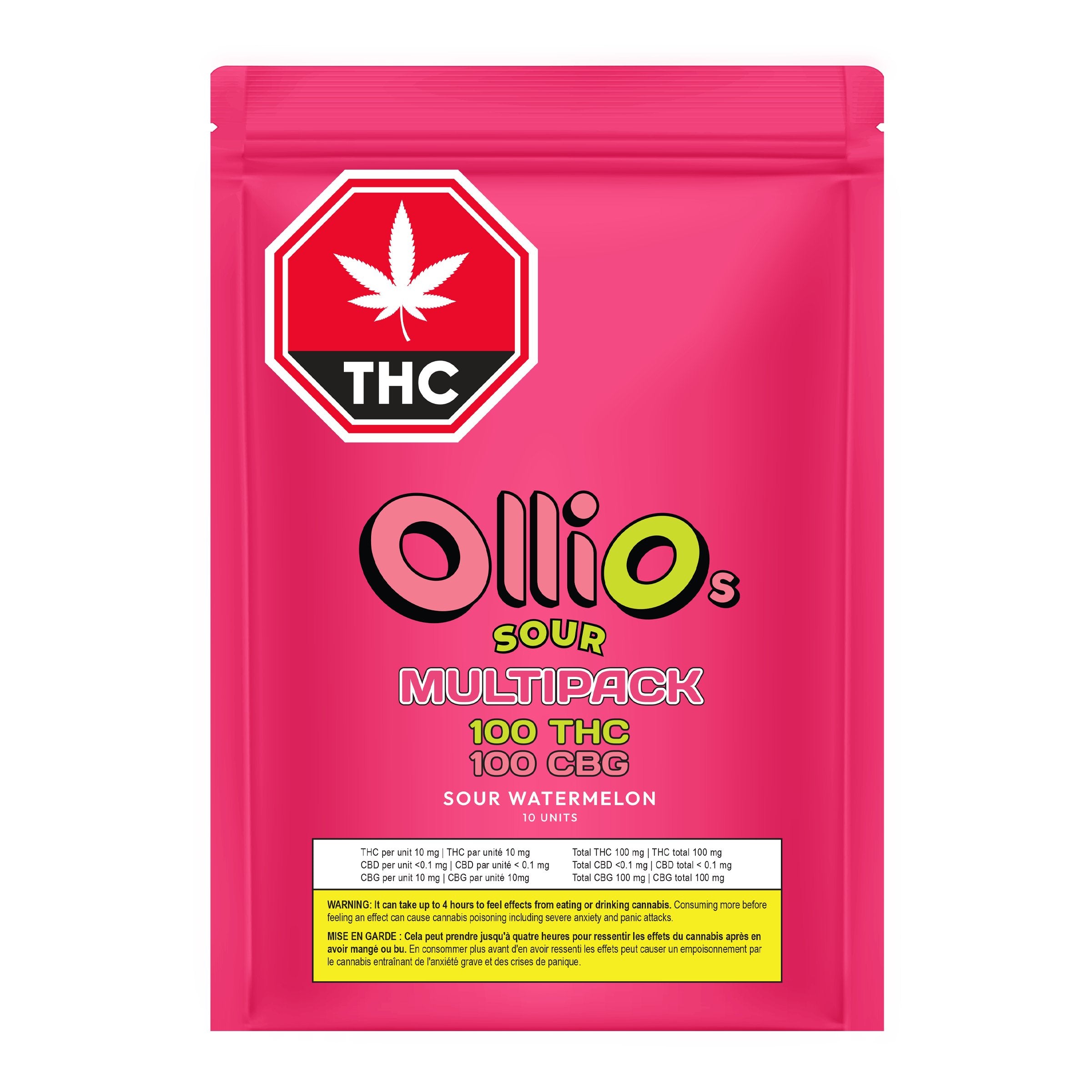 Bright pink pouch of OlliOs Sour Multipack sour watermelon gummies, 100 mg THC and 100 mg CBG, 10 units, with a red THC warning symbol.