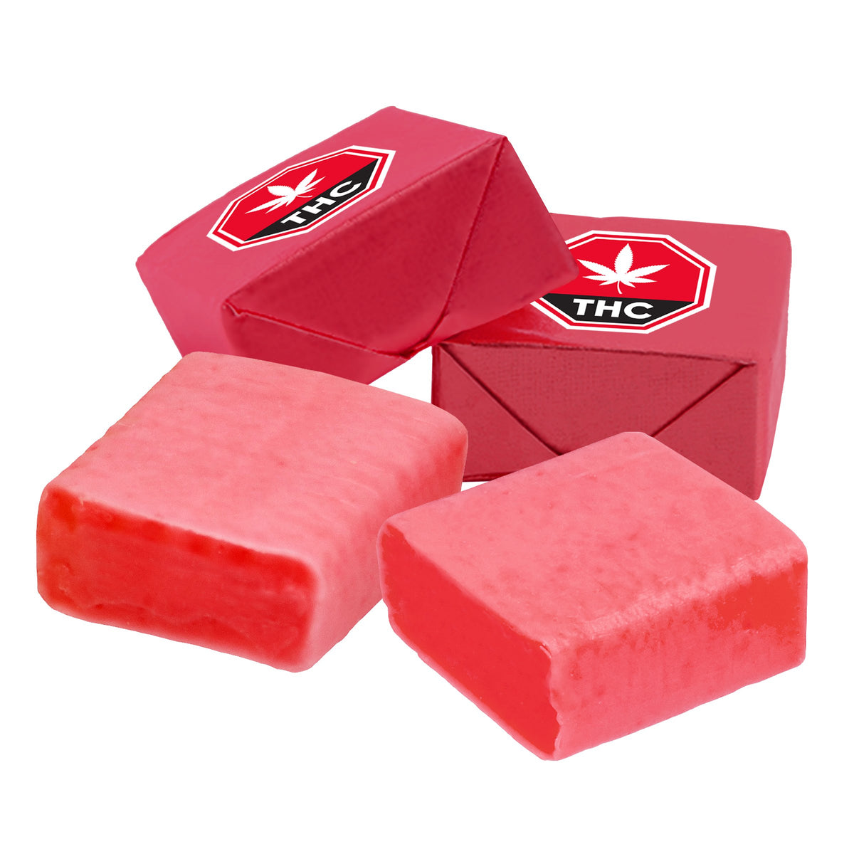 Pink taffy candy pieces, some individually wrapped in red foil stamped with a THC symbol, others unwrapped showing the soft taffy squares.