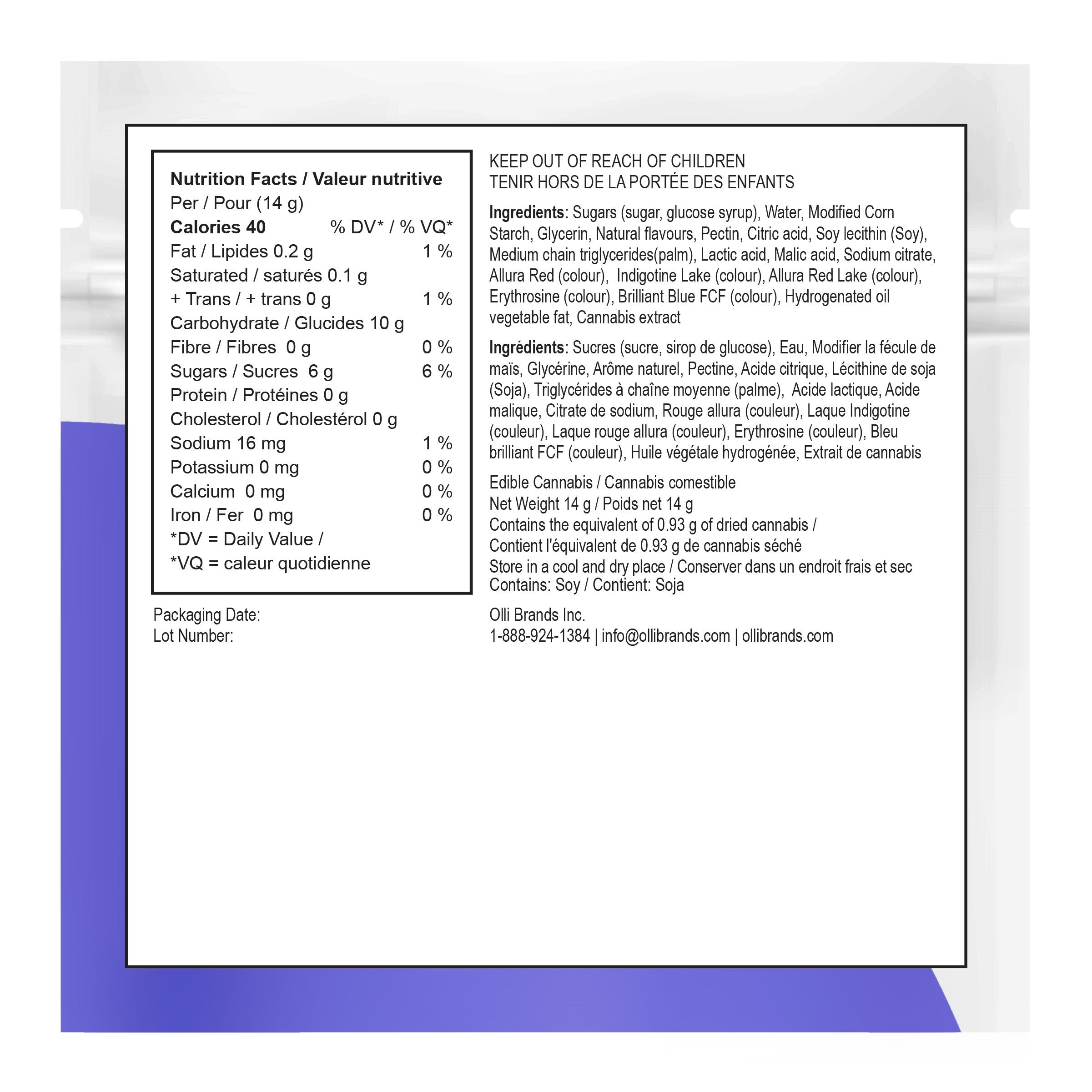 Nutrition facts and ingredient label on the back of an OlliOs Sour Grape & Strawberry gummy package.