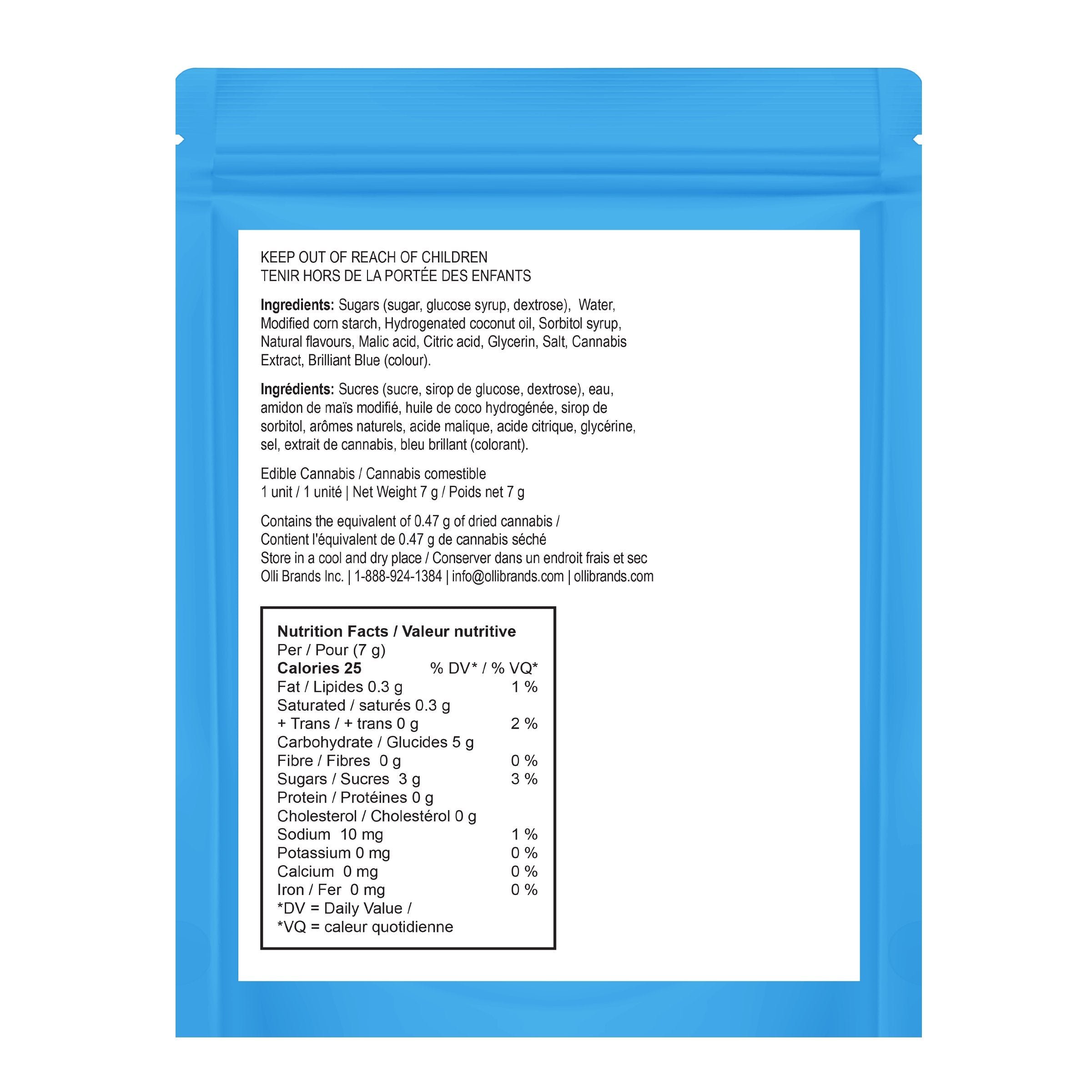 Back of the Olli Trippers Blue Razz pouch, showing the ingredients list and Nutrition Facts panel.