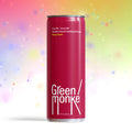 A magenta Green Monke beverage can labeled Mango Guava Cannabis-Infused Sparkling Beverage, 3mg THC + 6mg CBD, against a colorful blurred background.