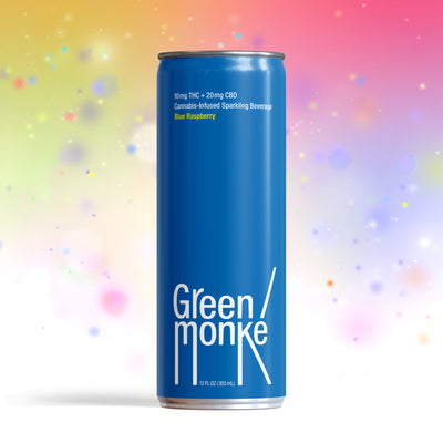 Blue aluminum can of Green Monke Blue Raspberry cannabis-infused sparkling beverage, 10 mg THC plus 20 mg CBD, on a colorful bokeh background.