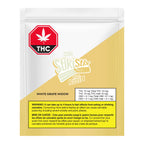 Front of a white and yellow Olli StikiStix Live Rosin package labeled White Grape Widow with a THC content box.