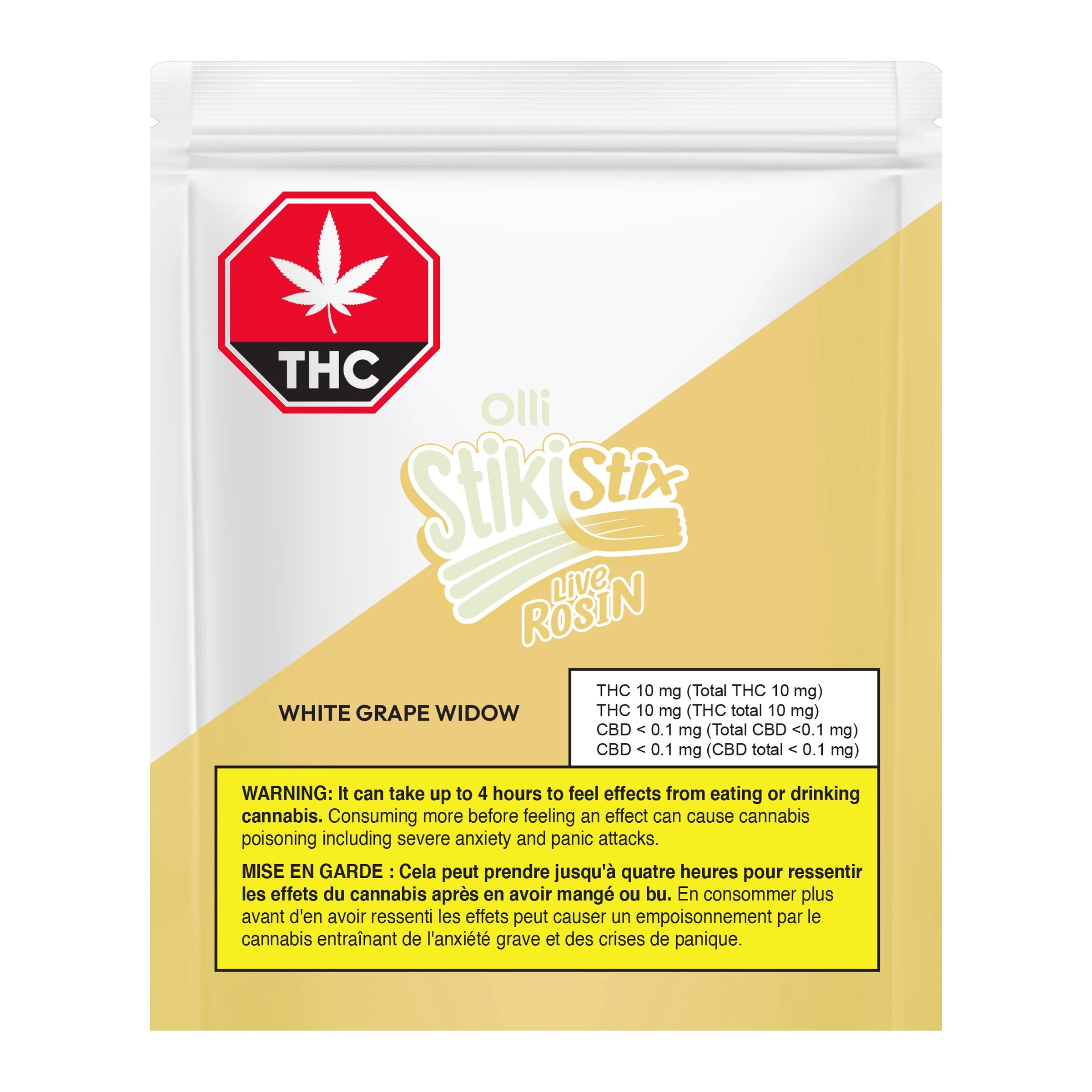 Front of a white and yellow Olli StikiStix Live Rosin package labeled White Grape Widow with a THC content box.